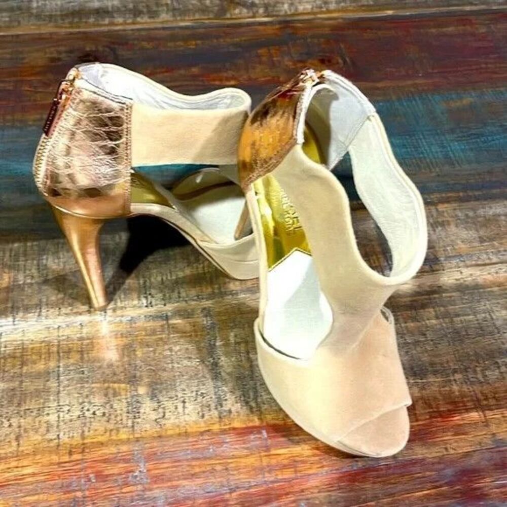 Michael Kors 'ELENA' SUEDE CROSS DUNE ZIP PLATFORM HEELS BCK ZIP ROSE GLD 7.5